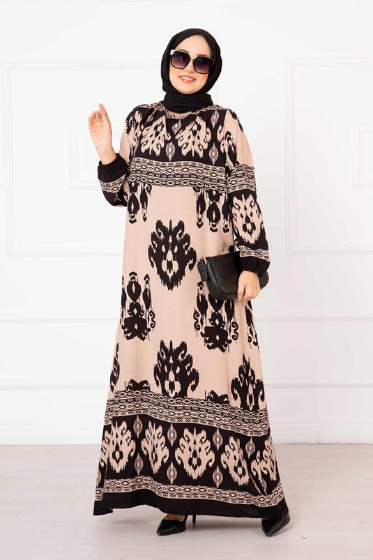 Patterned Viscose Hijab Dress Mink