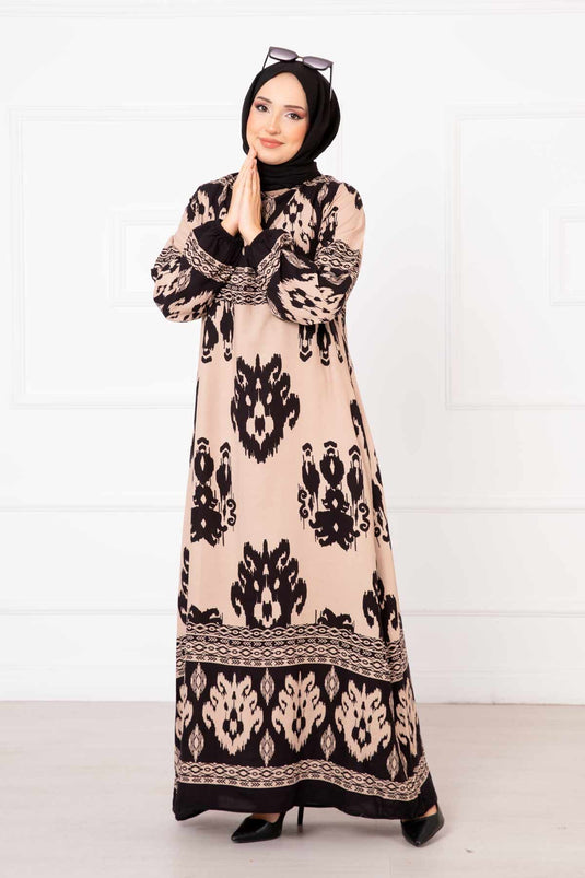 Patterned Viscose Hijab Dress Mink