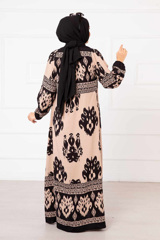 Patterned Viscose Hijab Dress Mink