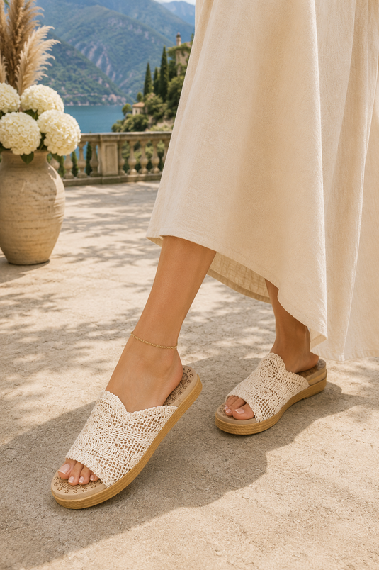 Patterned Woven Raffia Sandals Cream