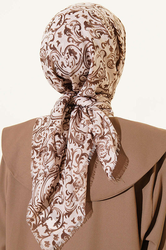 Motifli Flamu Cotton Eşarp Bej