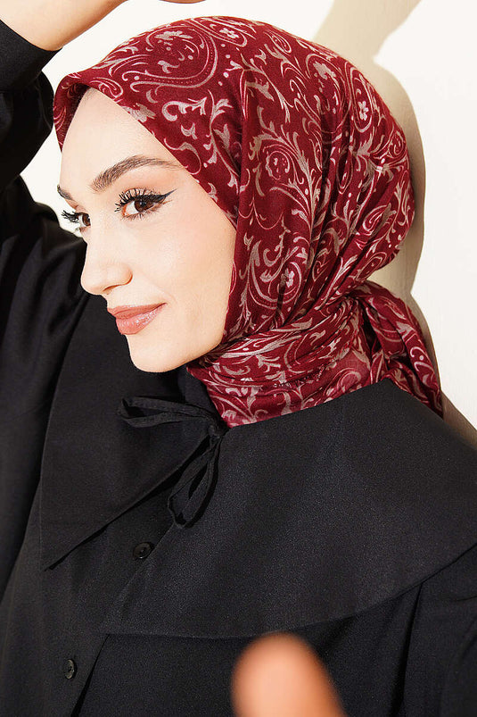 Motifli Flamu Cotton Eşarp Bordo