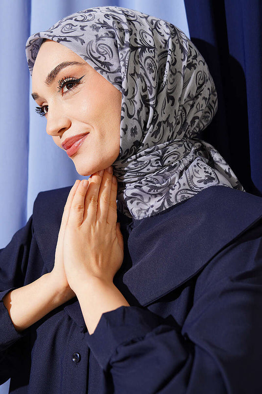 Motifli Flamu Cotton Eşarp Gri