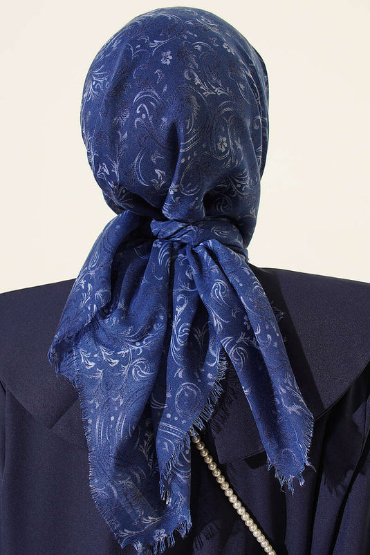 Motifli Flamu Cotton Eşarp İndigo