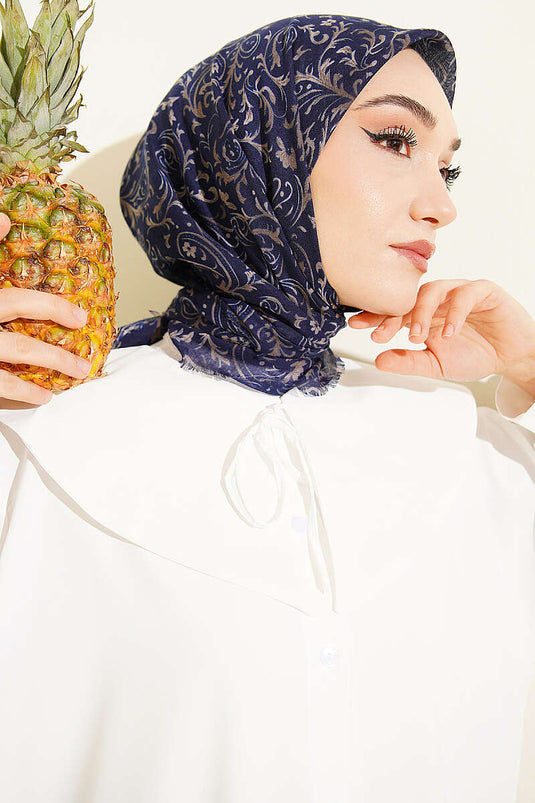Motifli Flamu Cotton Eşarp Lacivert