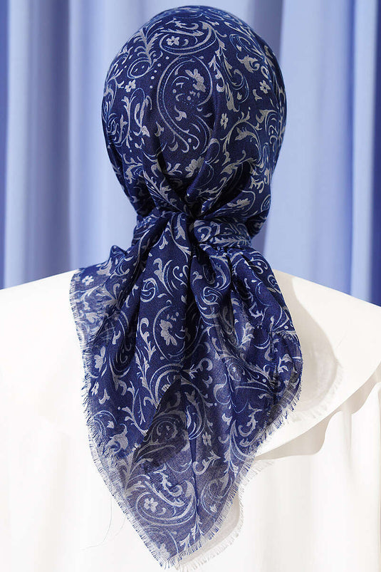 Motifli Flamu Cotton Eşarp Lacivert Gri