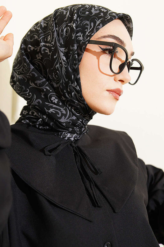 Motifli Flamu Cotton Eşarp Siyah Gri