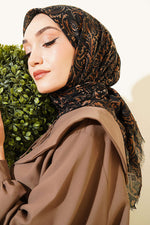 Motifli Flamu Cotton Eşarp Siyah Vizon