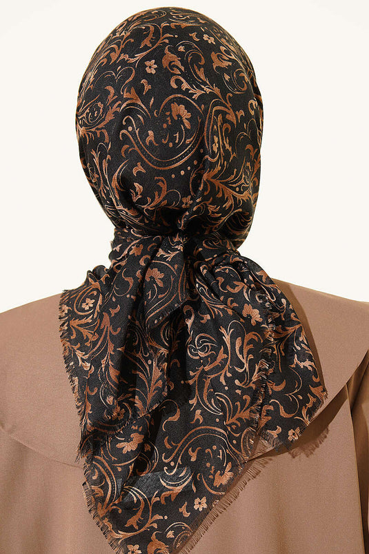 Motifli Flamu Cotton Eşarp Siyah Vizon