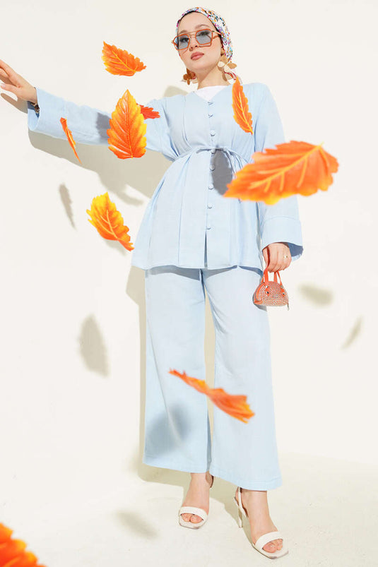 Müslin Düğme Kaplamalı İkili Takım Mavi