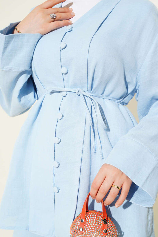 Müslin Düğme Kaplamalı İkili Takım Mavi