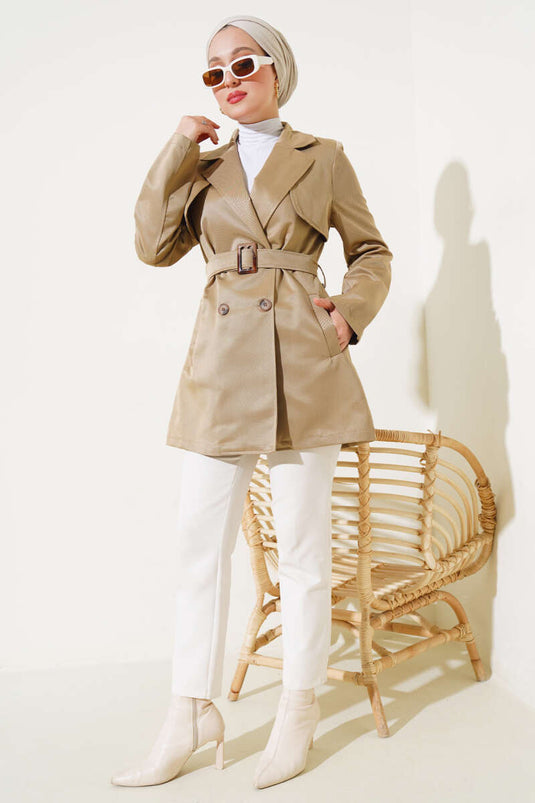 Cloaked Belted Short Trench Coat Latte