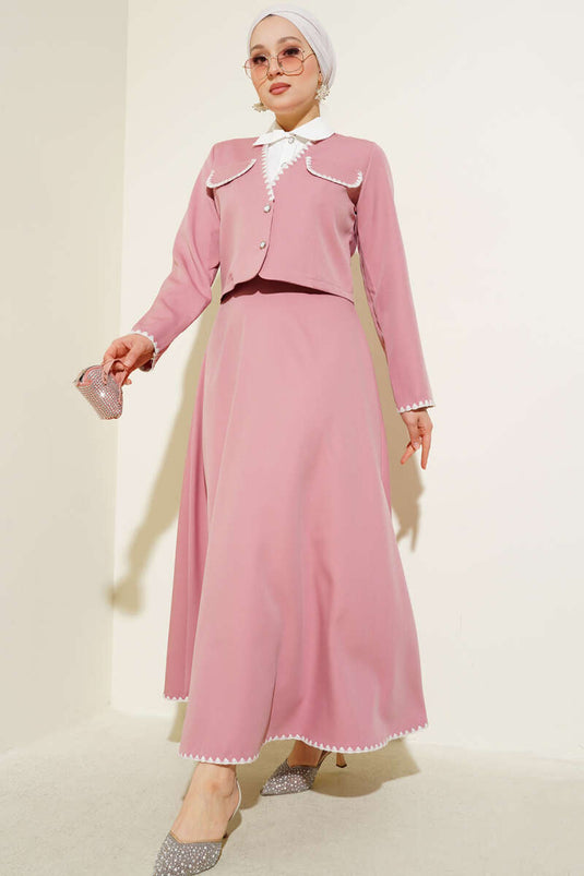 Nakış Detaylı İkili Etek Takım Pembe