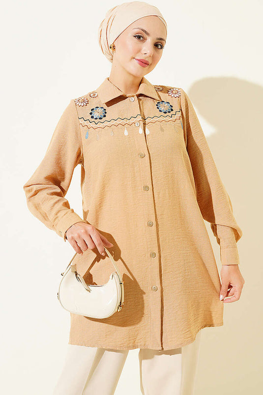 Beige Besticktes Leinenhemd