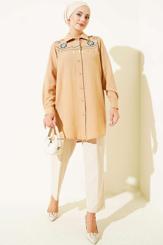Beige Besticktes Leinenhemd