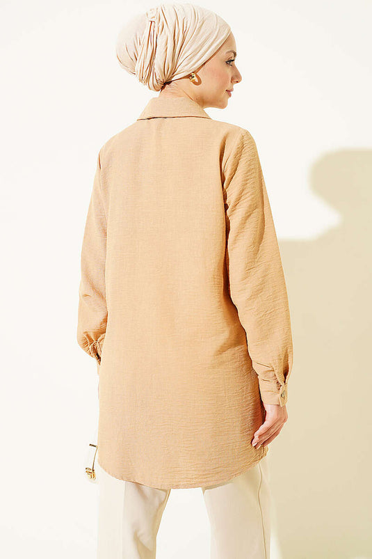 Beige Besticktes Leinenhemd