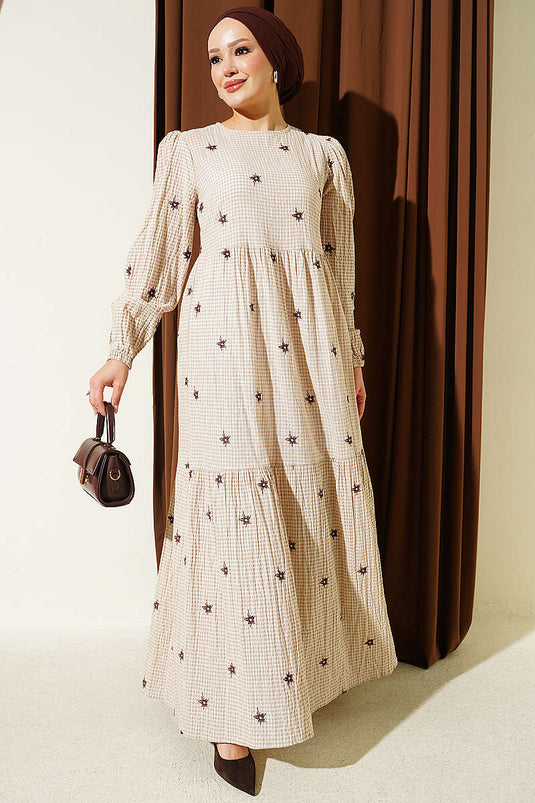 Beige Besticktes Glockenarm Kleid