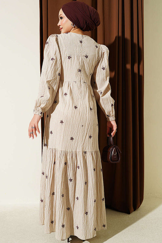 Beige Besticktes Glockenarm Kleid