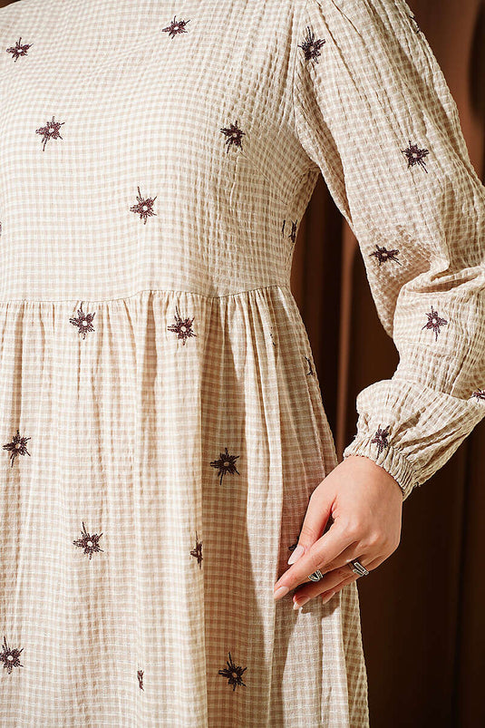 Beige Besticktes Glockenarm Kleid
