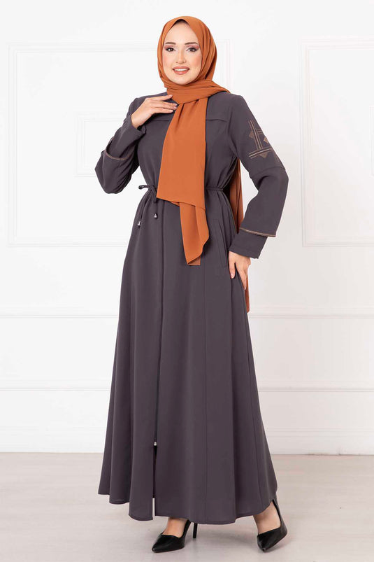 Bestickte detaillierte Abaya mit Wabenmuster Anthrazit