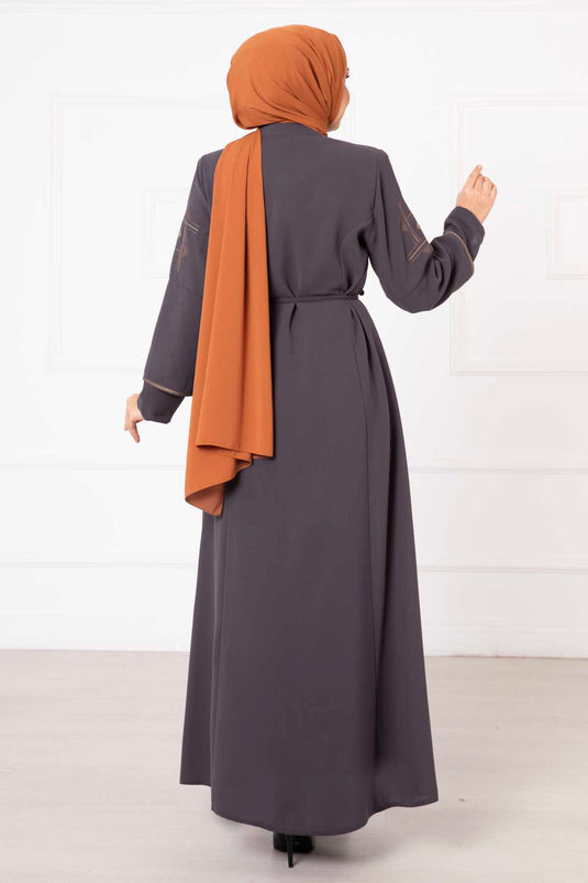 Embroidered Detail Honeycomb Abaya Anthracite