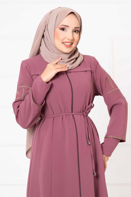 Abaya brodée en nid d'abeille en rose poudré