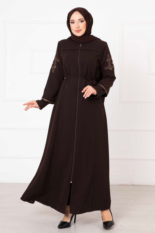 Embroidered Detailed Honeycomb Abaya Brown