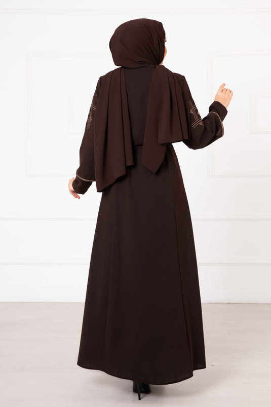 Embroidered Detailed Honeycomb Abaya Brown