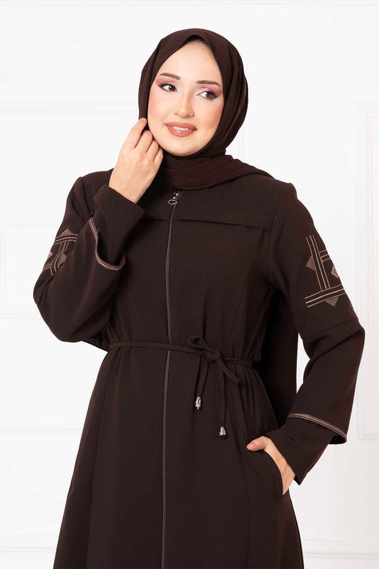 Embroidered Detailed Honeycomb Abaya Brown