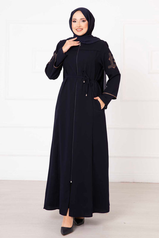 Embroidered Detailed Honeycomb Abaya Navy Blue