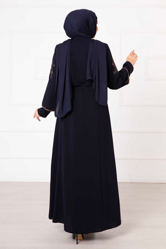 Embroidered Detailed Honeycomb Abaya Navy Blue