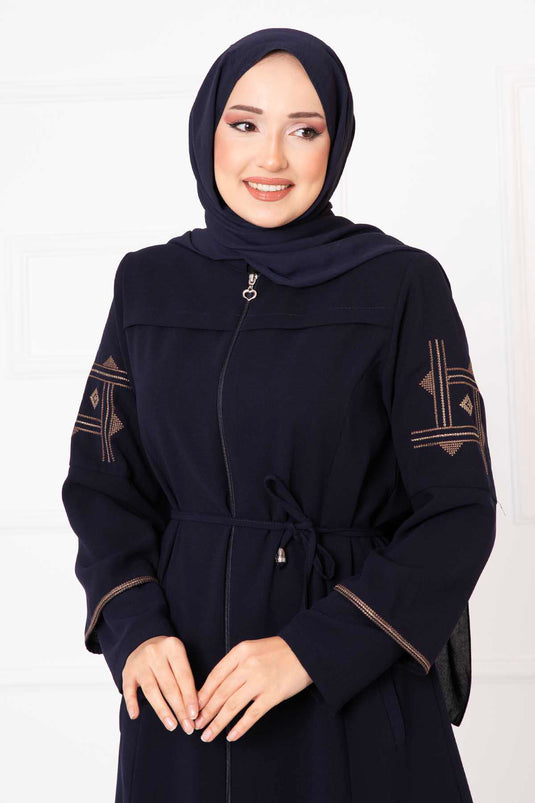 Abaya con detalle de panal bordado en azul marino