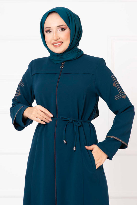 Bestickte detaillierte Abaya mit Wabenmuster in Petrol