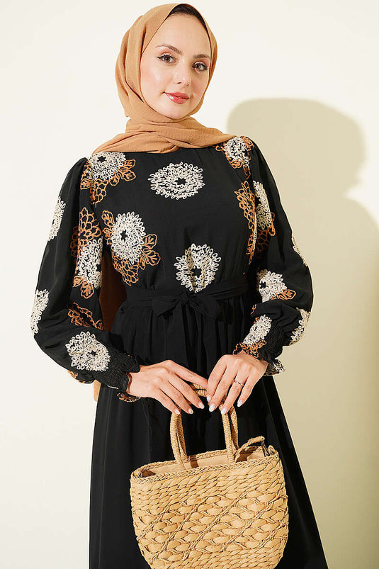Nakış Detaylı Şifon Elbise Camel