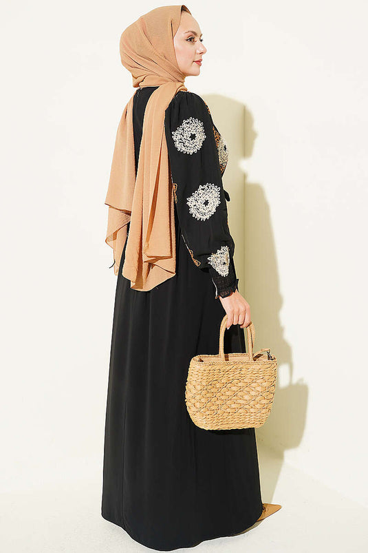 Nakış Detaylı Şifon Elbise Camel