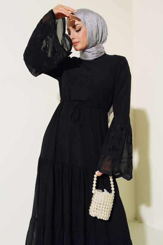 Embroidered Detail Tulle Dress Black