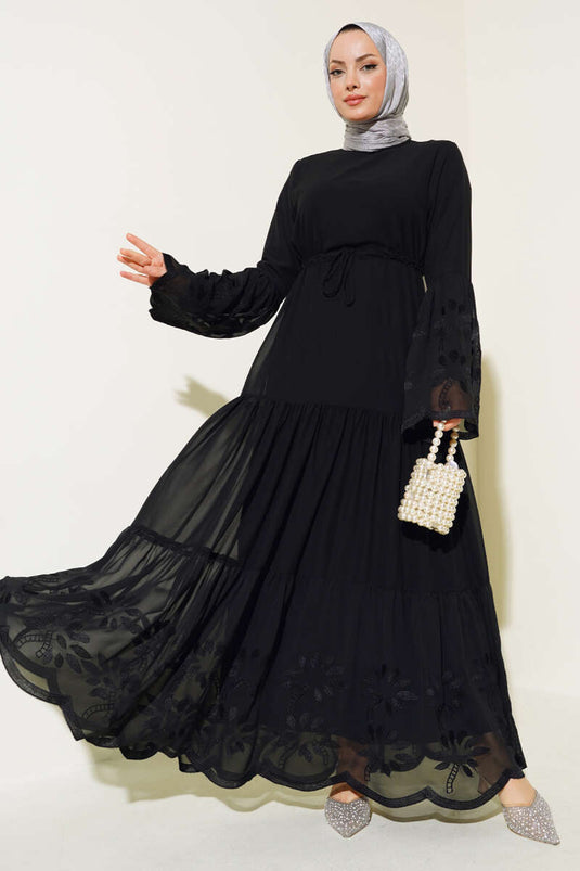 Embroidered Detail Tulle Dress Black