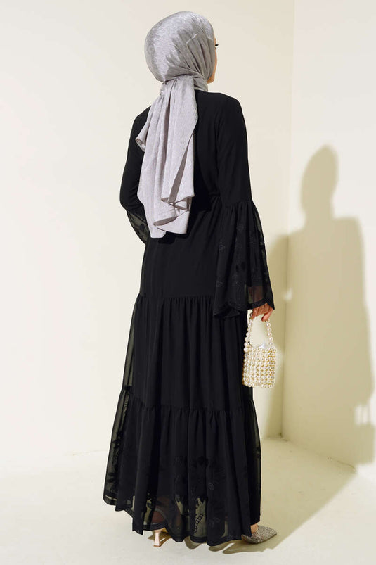 Embroidered Detail Tulle Dress Black