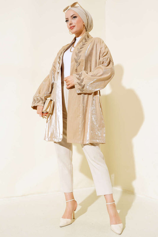 Embroidered Shiny Kimono Beige
