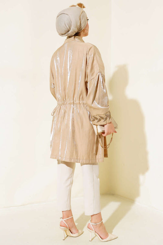 Embroidered Shiny Kimono Beige
