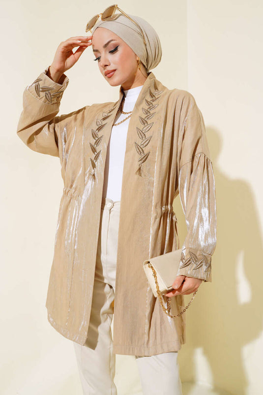 Embroidered Shiny Kimono Beige