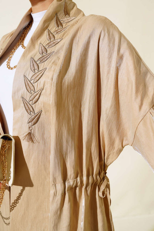 Embroidered Shiny Kimono Beige