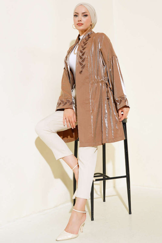 Embroidered Shiny Kimono Brown