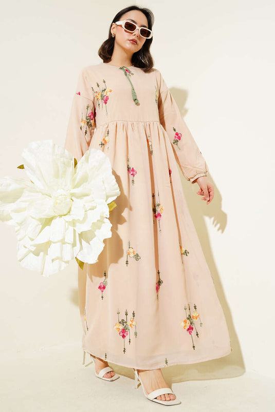 Embroidered Chiffon Dress Beige