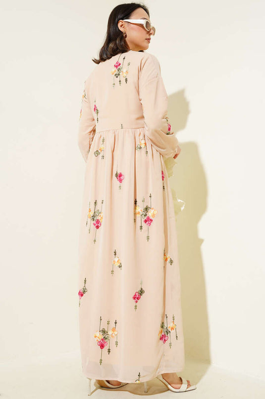 Embroidered Chiffon Dress Beige