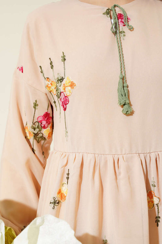 Embroidered Chiffon Dress Beige