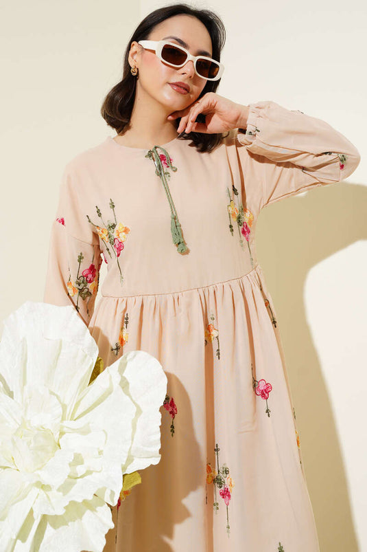 Embroidered Chiffon Dress Beige