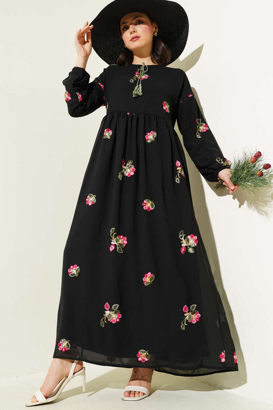 Embroidered Chiffon Dress Black