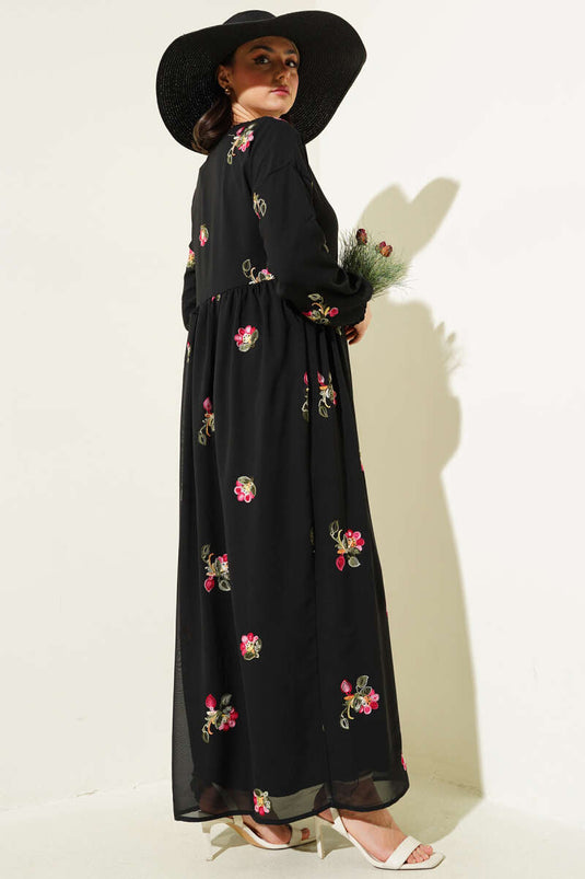 Embroidered Chiffon Dress Black