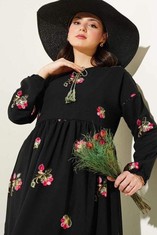 Embroidered Chiffon Dress Black